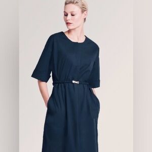 Donna Karan Navy Belted Button Front Premium Poplin Dress Size XXS